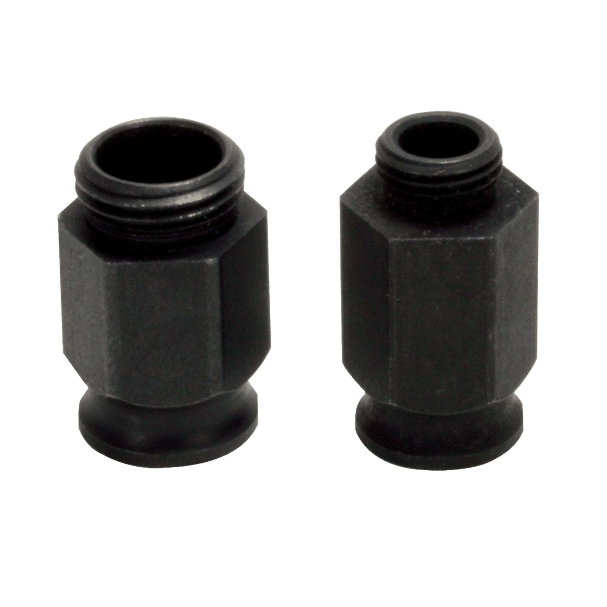 The DIABLO DHSNUT2 Hole Saw Adapter Nuts by Diablo, featuring two black cylindrical threaded adapters with hexagonal bodies and differing heights, are engineered for precision with wider bases and narrower tops. They appear against a plain white background and fit high-performance hole saws.